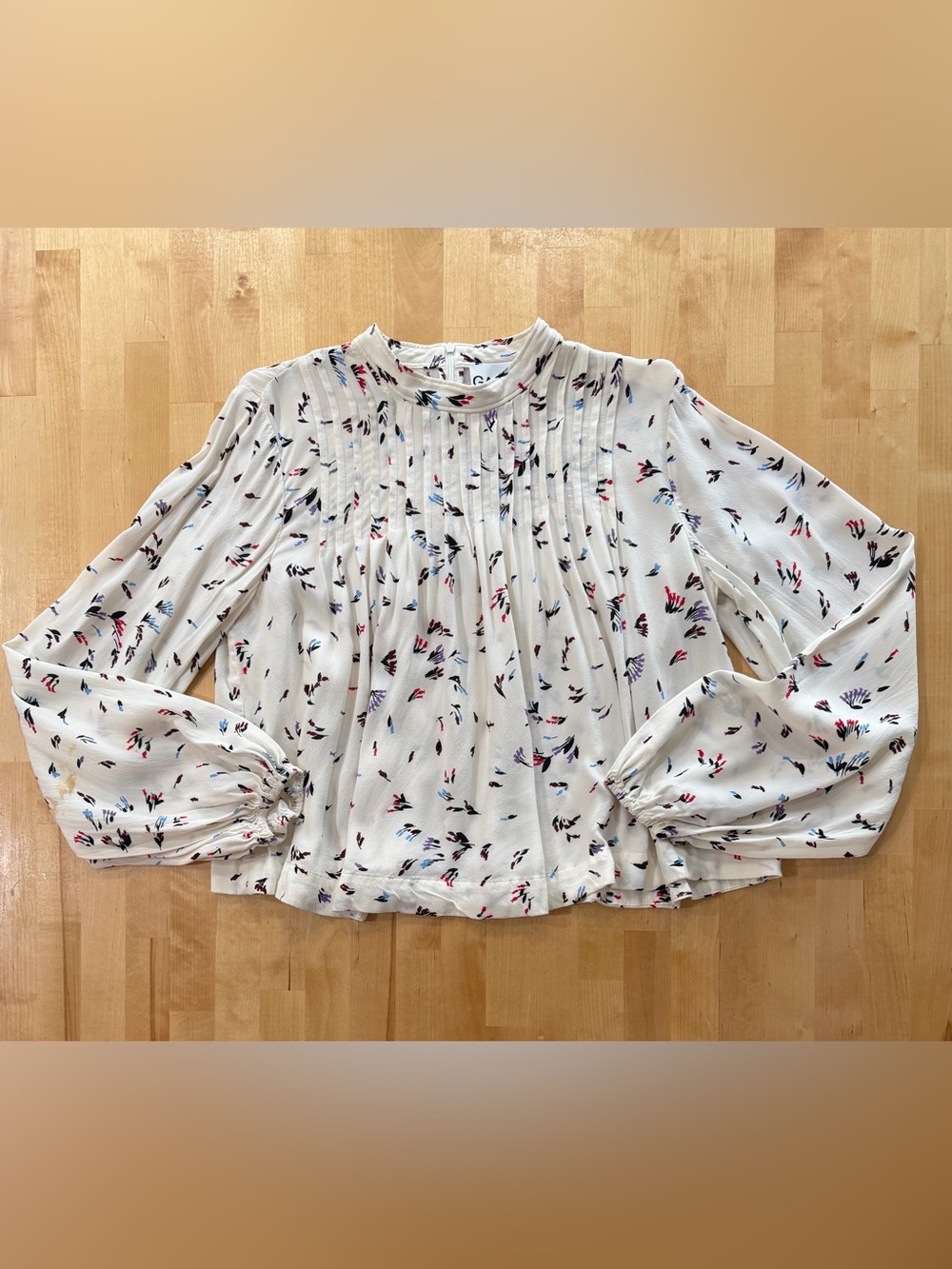 Ganni Long Sleeve High Neck Pleated Blouse in Watercolor Splatter Pattern
